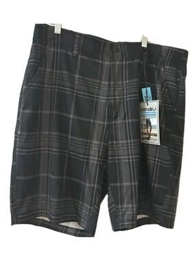 NWT Denali Men’s Plaid Boardshorts Size 36W Gray Black Hybrid Swim Shorts